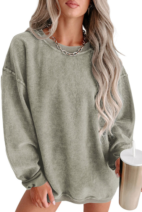 Gray Solid Ribbed Knit Round Neck Pullover Sweatshirt