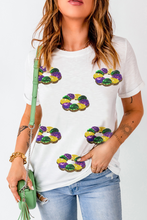 White Sequined Mardi Gras Pattern Crew Neck Short Sleeve Top