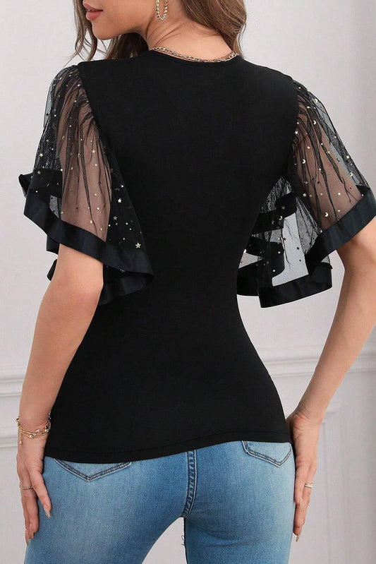 Black Starry Mesh Flutter Sleeve Slim Fit Top