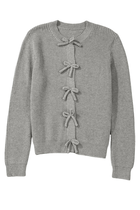 Philippine Gray Ribbed Knit Bow Front Buttoned Cardigan