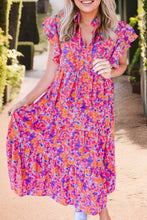 Multicolour Abstract Floral Print Ruffle Tiered Sleeve Midi Dress