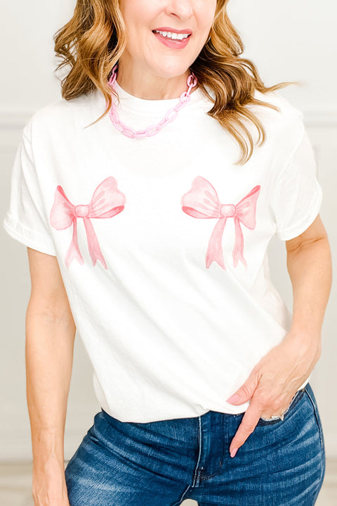 White Sweet Bow Knot Print O Neck Casual T Shirt