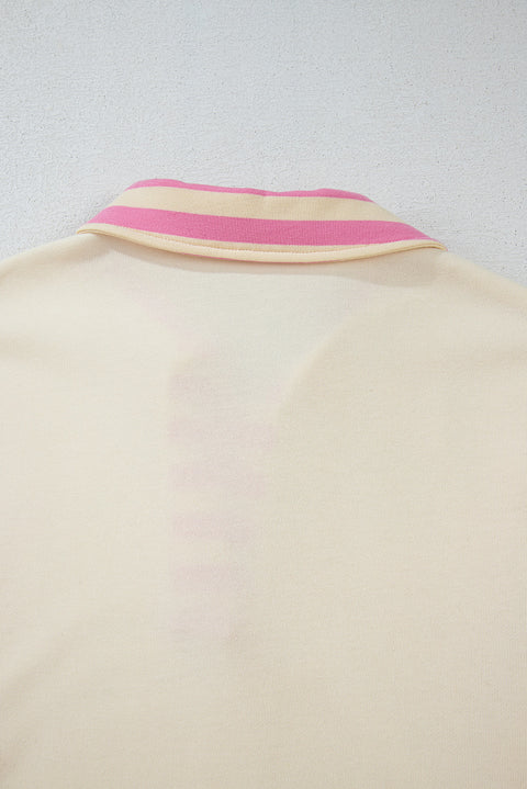 Pink Stripe Colorblock Patchwork Collared French Terry Knit Top