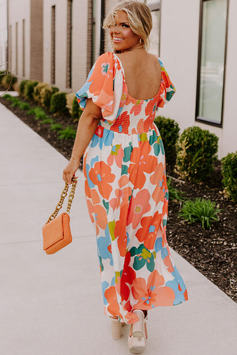 Orange Plus Size Flower Print Shirred Square Neck Maxi Dress