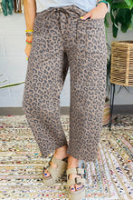 Khaki Leopard Printed Drawstring Waist Pocketed Wide Leg Jeans