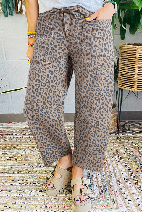 Khaki Leopard Printed Drawstring Waist Pocketed Wide Leg Jeans