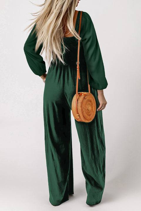 Black Smocked Square Neck Long Sleeve Wide Leg Jumpsuit