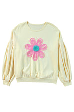 Beige Tinsel Flower Dropped Puff Sleeve Sweatshirt