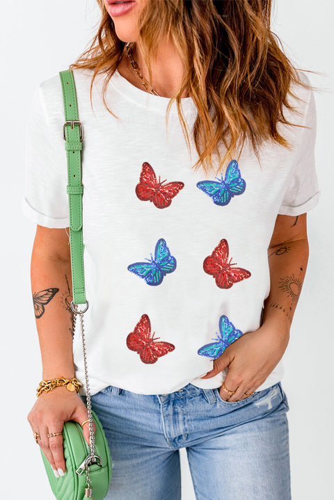 White Sequined Butterfly Graphic Casual T Shirt