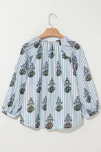 Beau Blue Striped Floral Printed Long Sleeve Tied V Neck Blouse