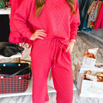 Strawberry Pink Checkered Textured Split Pullover Top and Pants Set