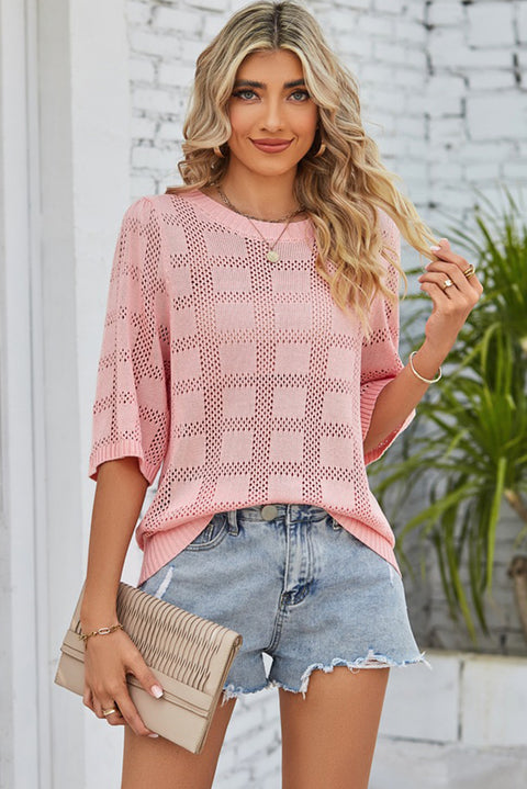 Light Pink Eyelet Checker Knit Half Sleeve Top