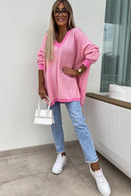 Pink Striped Scallop V Neck Loose Sweater with Slits