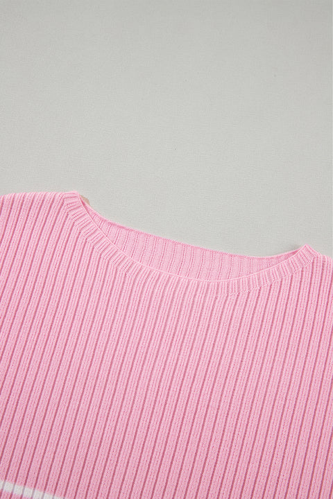 Pink Stripe Ribbed Loose Plus T Shirt