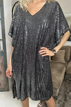 Dark Grey Sequin V Neck Dolman Sleeve Shift Dress