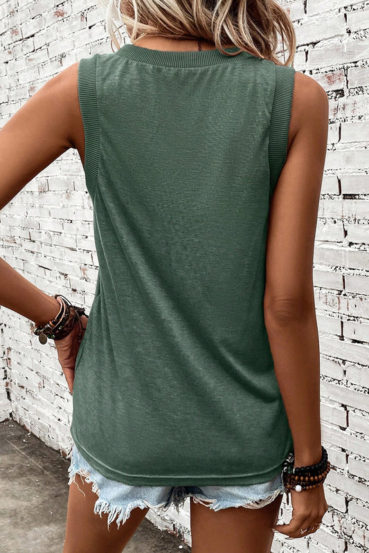 Mist Green Frayed American Flag Printed V Neck Tank Top