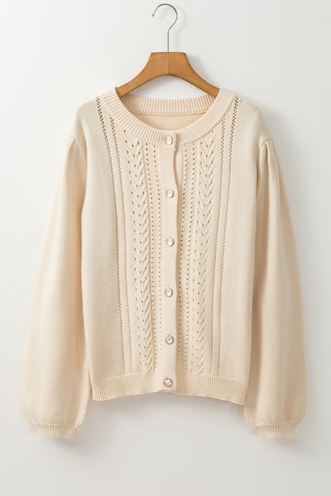 Apricot Pleated Sleeve Hollow Detail Button Sweater Cardigan