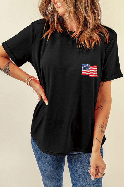 Black American Flag Embroidered Round Neck T Shirt