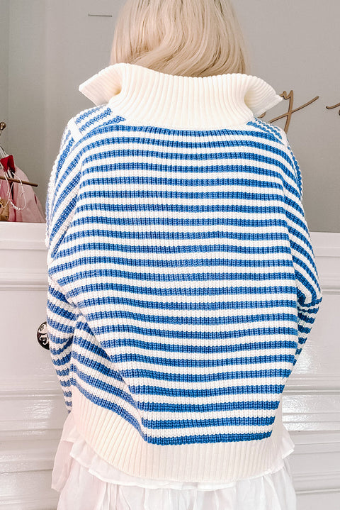 Sky Blue Stripe Zip up Collar Drop Shoulder Sweater