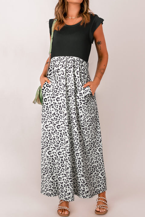 Leopard Patchwork Ribbed Maxi Dress with Pockets