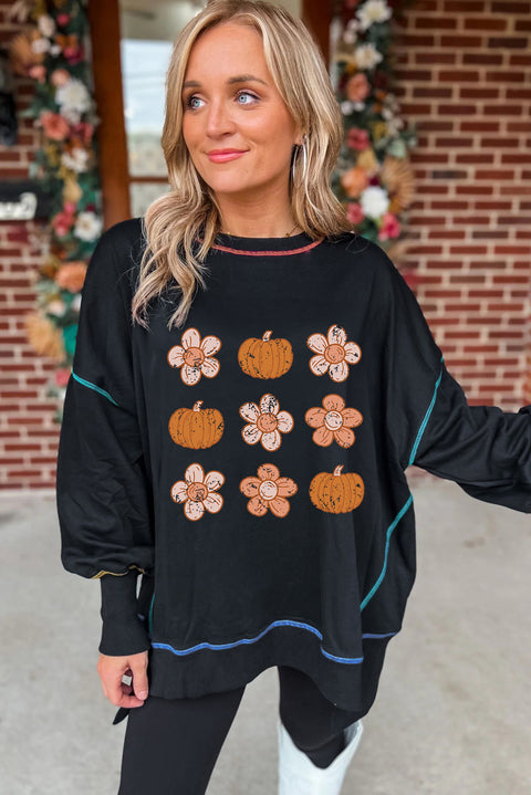 Black Floral Pumpkin Graphic Split Lantern Sleeve Seamed Sweatshirt