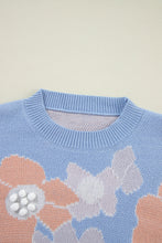 Beau Blue Floral O Neck Drop Shoulder Knitted Sweater