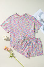 Multicolour Printed Ribbed Knit T Shirt and Shorts Lounge Set