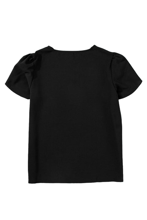 Black Scalloped V Neckline Petal Sleeve Top