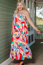 Multicolor Abstract Print Striped Trim Maxi Sundress