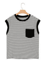 Black Stripe Chest Pocket Patch Round Neck Tank Top