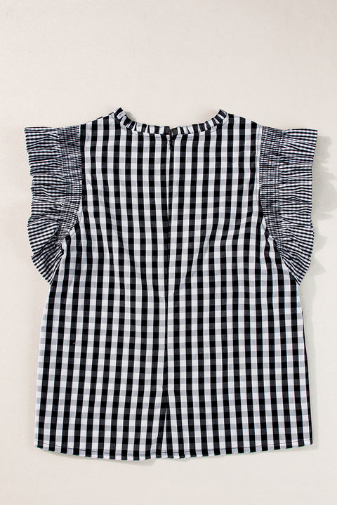 Black Checkered Ruffled Sleeve Frilled Neck Blouse