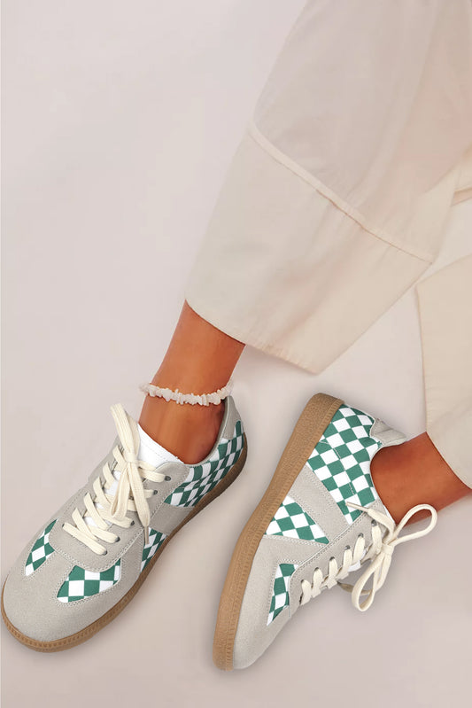 Sea Green Checkered PU Leather Lace-up Flat Shoes