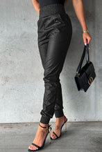 Brown Smocked High-Waist Leather Skinny Pants