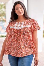 Floral Printed Lace Trim Plus Ruffle Sleeve Blouse