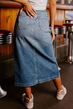 Sky Blue 4 Patch Pockets Front Slit Midi Denim Skirt