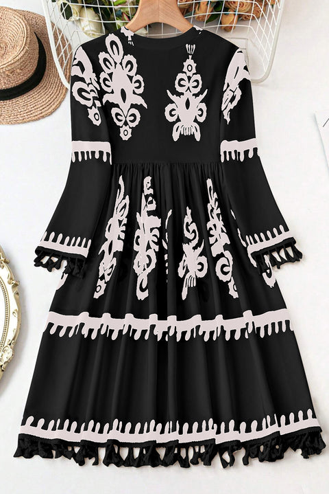 Black Plus Size Western Floral Print Fringed V Neck Dress