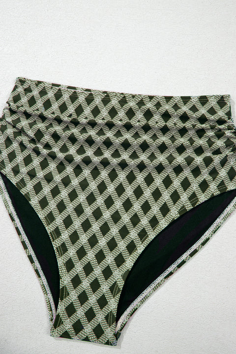 Green Dotted Mesh Plaid Patchwork High Waisted Bikini