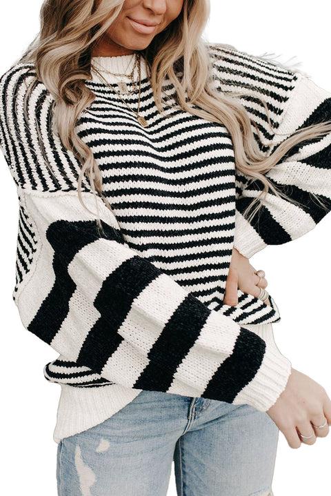 Black white Striped Drop Shoulder Bishop Sleeve Knit Sweater