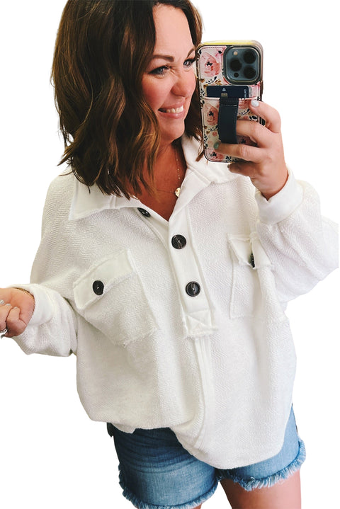 White Plus Size Long Sleeve Flap Pocket Henley Top