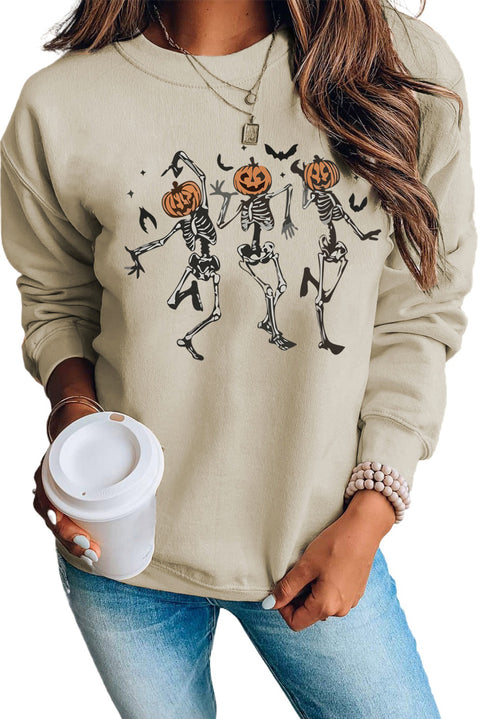 Sudadera lisa con cuello redondo y gráfico de calavera de calabaza caqui