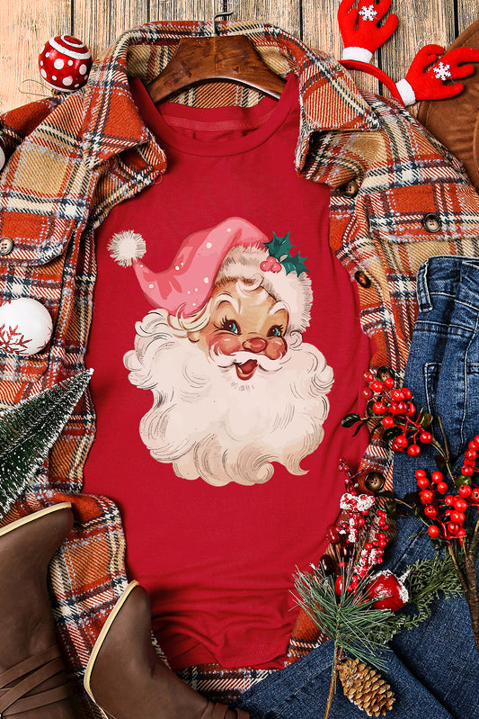 Red Christmas Santa Claus Print Crew Neck T Shirt