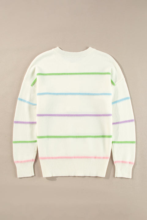 White Rainbow Stripes Drop Shoulder Baggy Henley Sweater