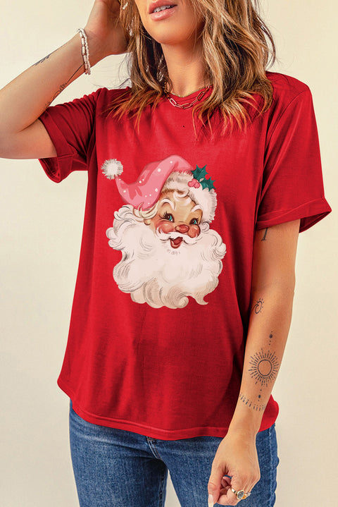 Red Christmas Santa Claus Print Crew Neck T Shirt