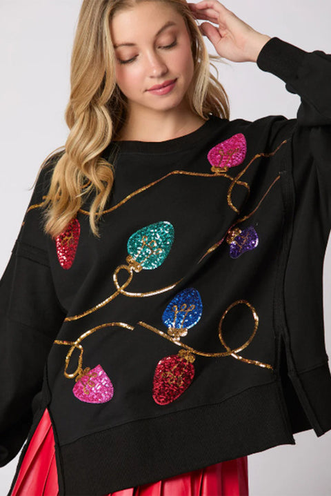 Black Bright Christmas Lights Sequined Oversized Sweatshirt