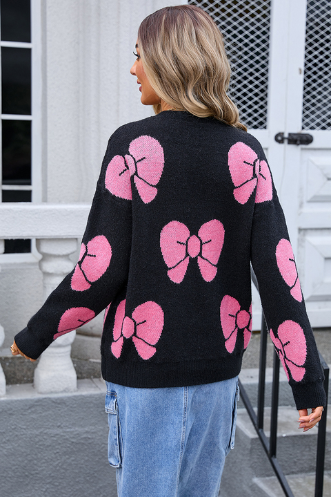 Black Valentine Bowknot Knitted Round Neck Fashion Sweater