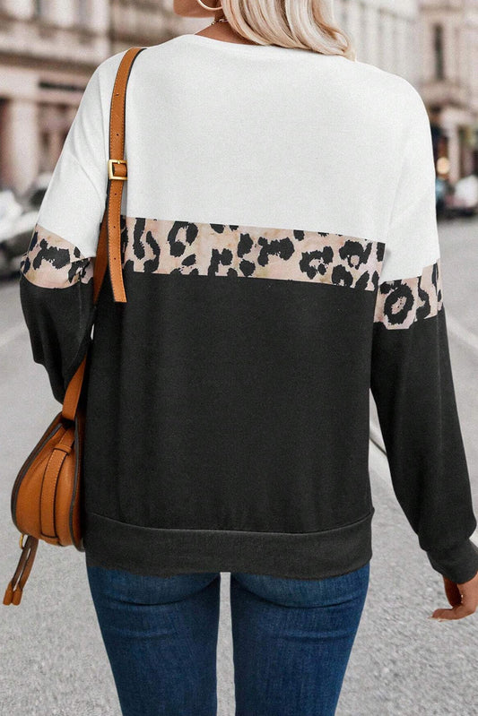 Black Leopard Colorblock Round Neck Long Sleeve Top