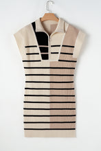 Khaki Stripe Color Block Quarter Zip Collar Short Sleeve Sweater Dress