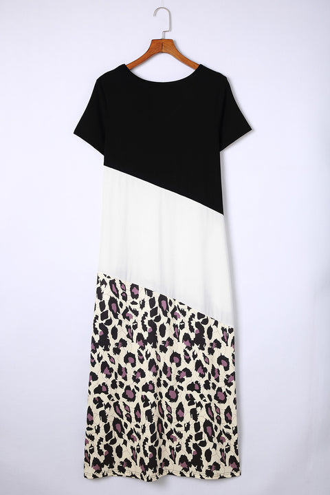 Leopard Color Block Side Slit T Shirt Maxi Dress