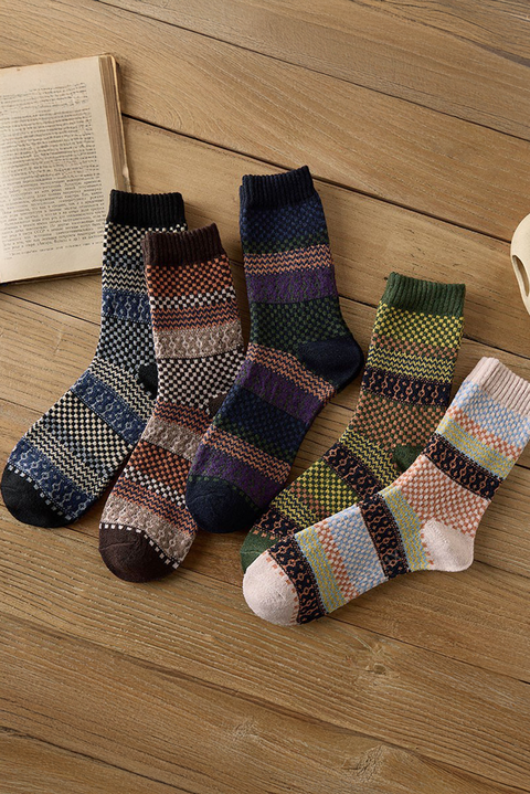 Brown Boho Checkered Pattern Soft Crew Socks Set