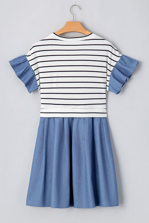 Black Stripe Ruffle Denim Patchwork Round Neck Mini Dress